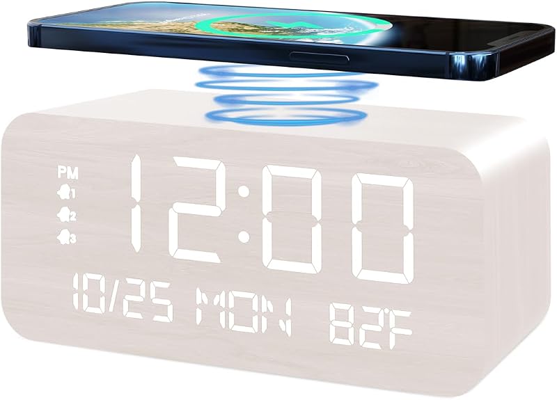 JALL Wooden Clock with 10W Wireless Charging, White