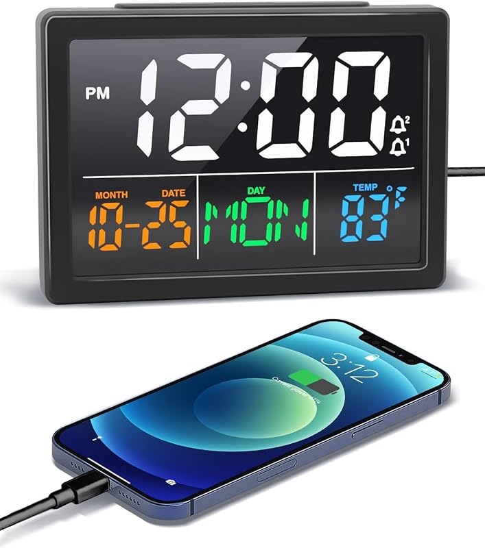 JALL Digital Date & Day Clock with Dual USB Chargers